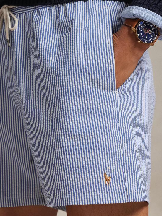 26SS 랄프 로렌 스윔팬츠 Seersucker a Righe Blu/Bianco를 입은 여행자의 의상 - RALPH LAUREN