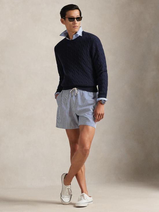26SS 랄프 로렌 스윔팬츠 Seersucker a Righe Blu/Bianco를 입은 여행자의 의상 - RALPH LAUREN