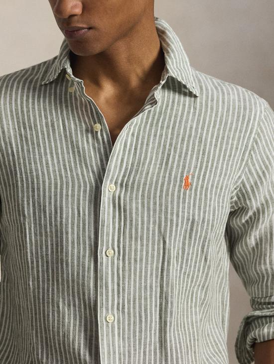26SS 랄프 로렌 긴팔 셔츠 Lino Custom Fit a Righe Verde/Bianco를 입은 Camicia - RALPH LAUREN