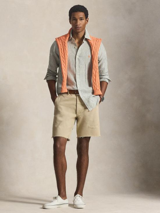 26SS 랄프 로렌 긴팔 셔츠 Lino Custom Fit a Righe Verde/Bianco를 입은 Camicia - RALPH LAUREN