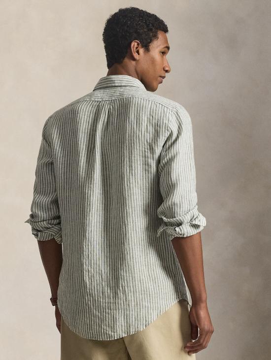 26SS 랄프 로렌 긴팔 셔츠 Lino Custom Fit a Righe Verde/Bianco를 입은 Camicia - RALPH LAUREN