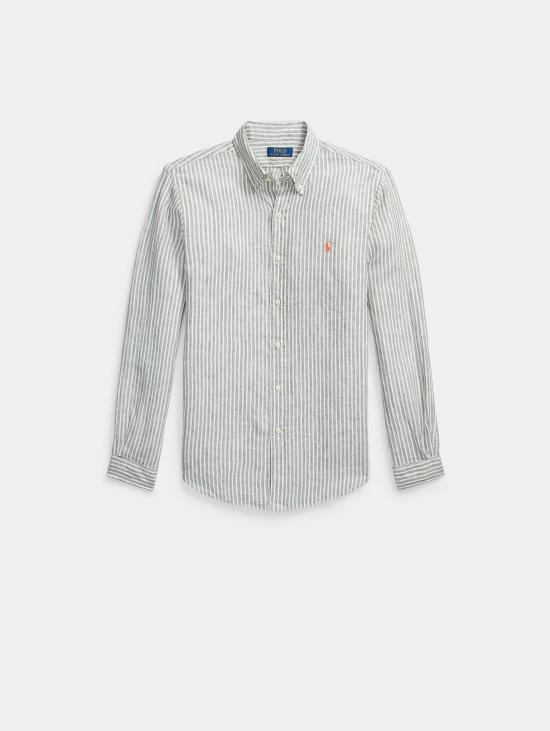 26SS 랄프 로렌 긴팔 셔츠 Lino Custom Fit a Righe Verde/Bianco를 입은 Camicia - RALPH LAUREN