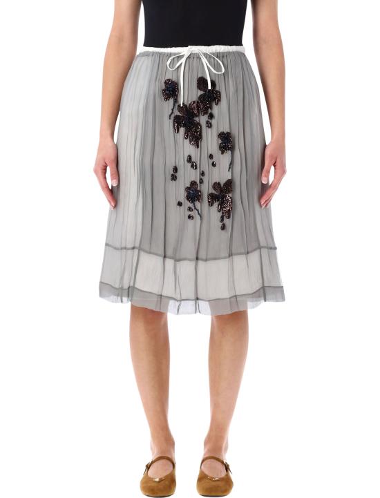 26SS 프라다 자수 시폰 미디 스커트 P172ZR18QL F0024 ALLUMINUM