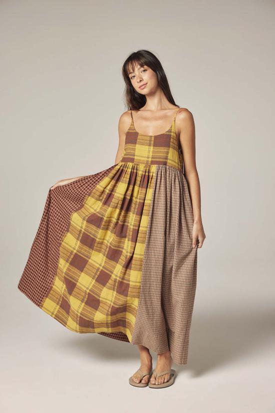  아멘테 롱 원피스 콘트라스트 미디 드레스 머스타드/브라운 - AMENTE