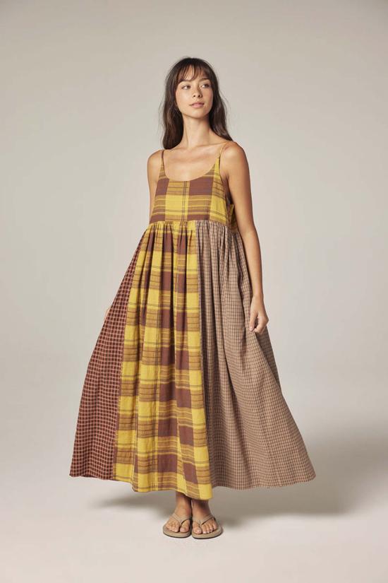  아멘테 롱 원피스 콘트라스트 미디 드레스 머스타드/브라운 - AMENTE