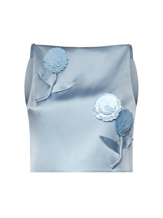  셀프 포트레이트 민소매 티셔츠 새틴 탑 (꽃무늬 아플리케 장식, 블루)