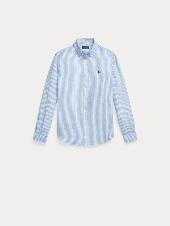 26SS 랄프 로렌 셔츠 Lino Custom Fit a Righe Blu/Bianco를 입은 Camicia - RALPH LAUREN