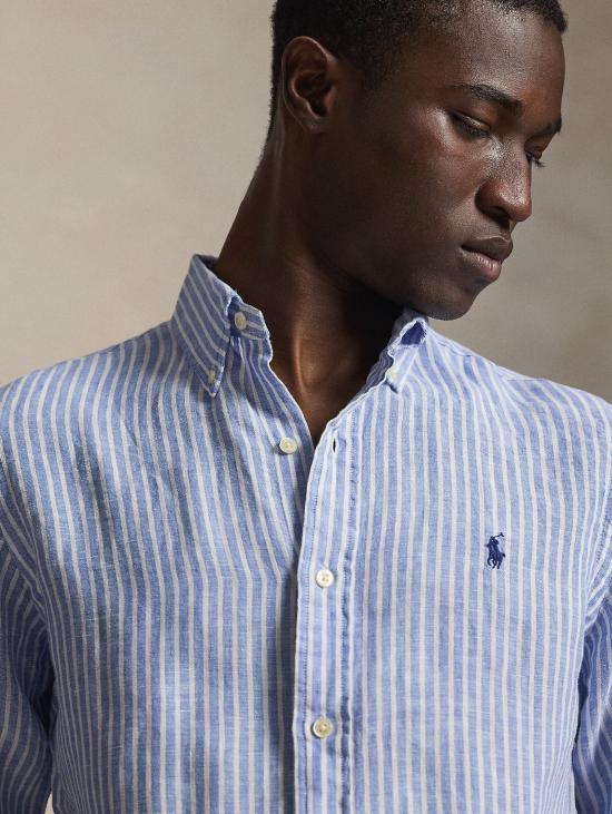 26SS 랄프 로렌 셔츠 Lino Custom Fit a Righe Blu/Bianco를 입은 Camicia - RALPH LAUREN