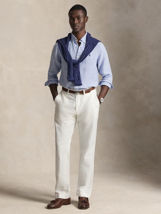 26SS 랄프 로렌 긴팔 셔츠 Lino Custom Fit a Righe Blu를 입은 Camicia - RALPH LAUREN