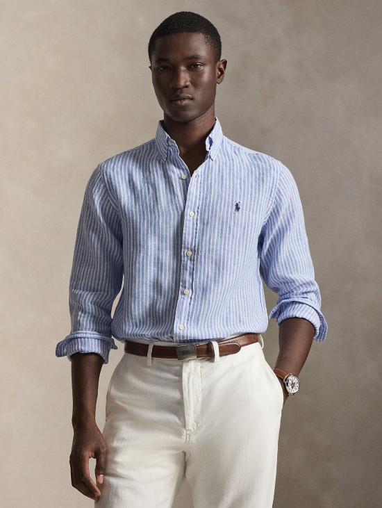 26SS 랄프 로렌 긴팔 셔츠 Lino Custom Fit a Righe Blu를 입은 Camicia