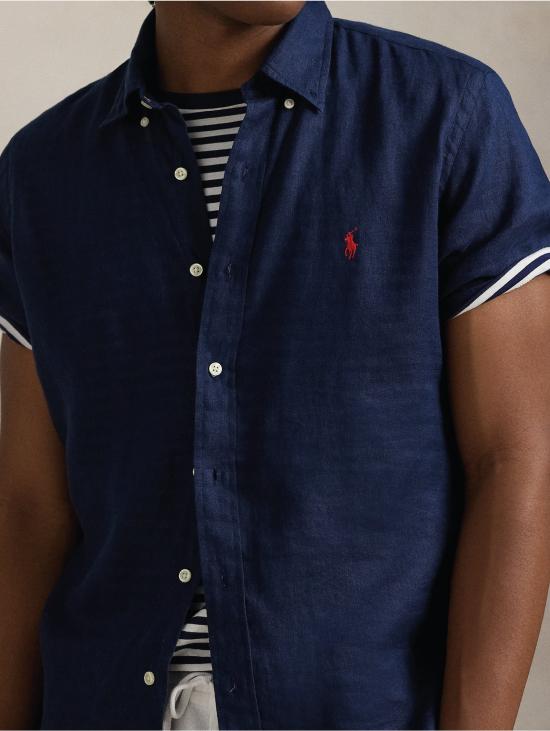 26SS 랄프 로렌 긴팔 셔츠 Lino Custom Fit a Righe Blu를 입은 Camicia - RALPH LAUREN