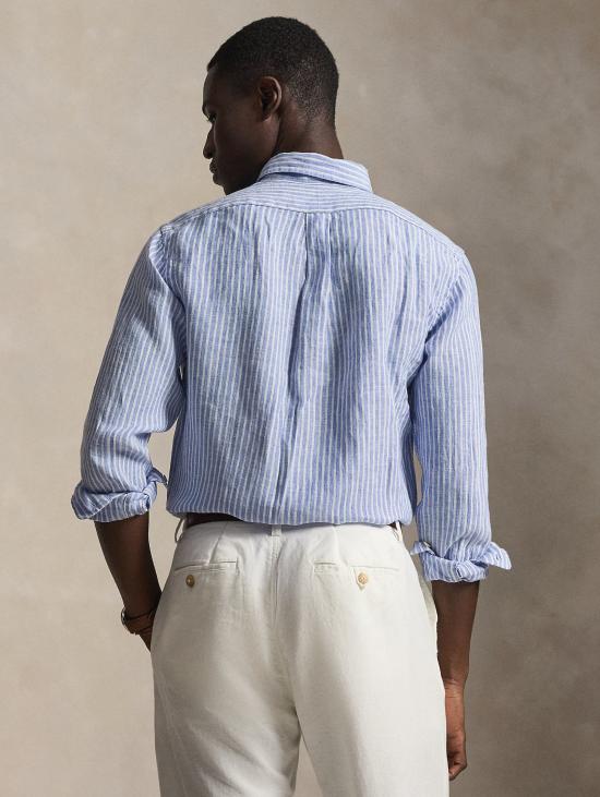 26SS 랄프 로렌 긴팔 셔츠 Lino Custom Fit a Righe Blu를 입은 Camicia - RALPH LAUREN