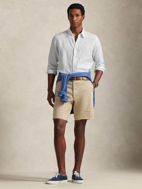 26SS 랄프 로렌 셔츠 Lino Custom Fit a Righe Bianco/Celeste를 입은 Camicia - RALPH LAUREN