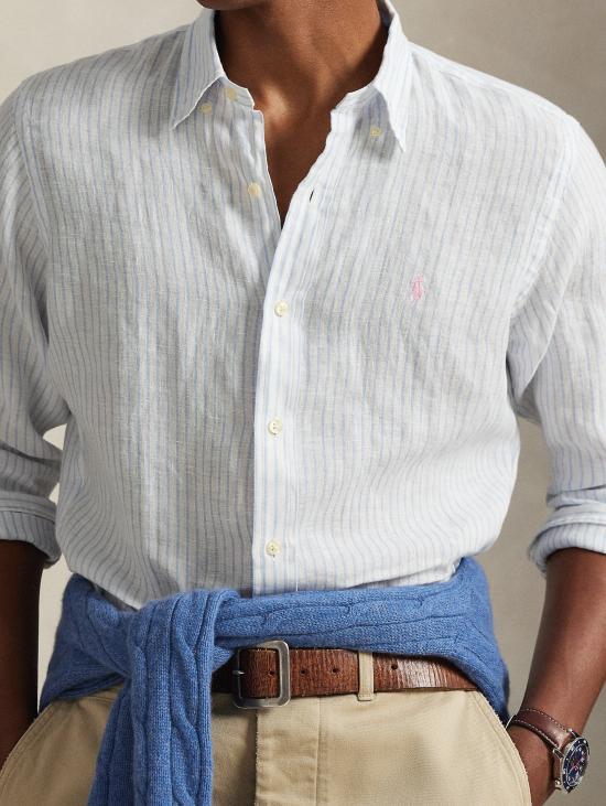 26SS 랄프 로렌 셔츠 Lino Custom Fit a Righe Bianco/Celeste를 입은 Camicia - RALPH LAUREN