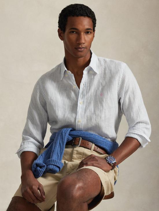 26SS 랄프 로렌 셔츠 Lino Custom Fit a Righe Bianco/Celeste를 입은 Camicia - RALPH LAUREN