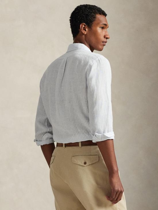 26SS 랄프 로렌 셔츠 Lino Custom Fit a Righe Bianco/Celeste를 입은 Camicia - RALPH LAUREN