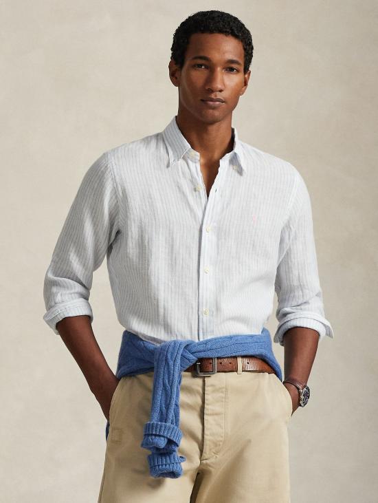 26SS 랄프 로렌 셔츠 Lino Custom Fit a Righe Bianco/Celeste를 입은 Camicia