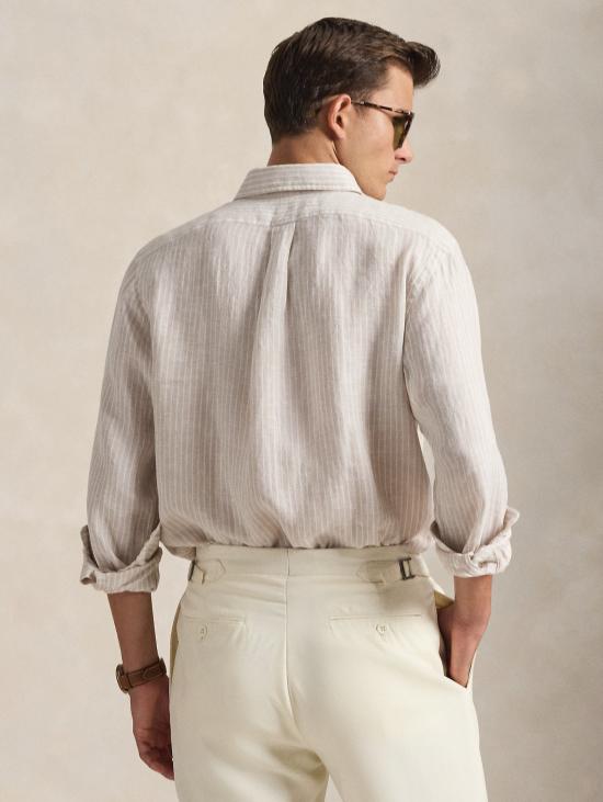 26SS 랄프 로렌 긴팔 셔츠 Lino Custom Fit a Righe Beige/Bianco를 입은 Camicia - RALPH LAUREN