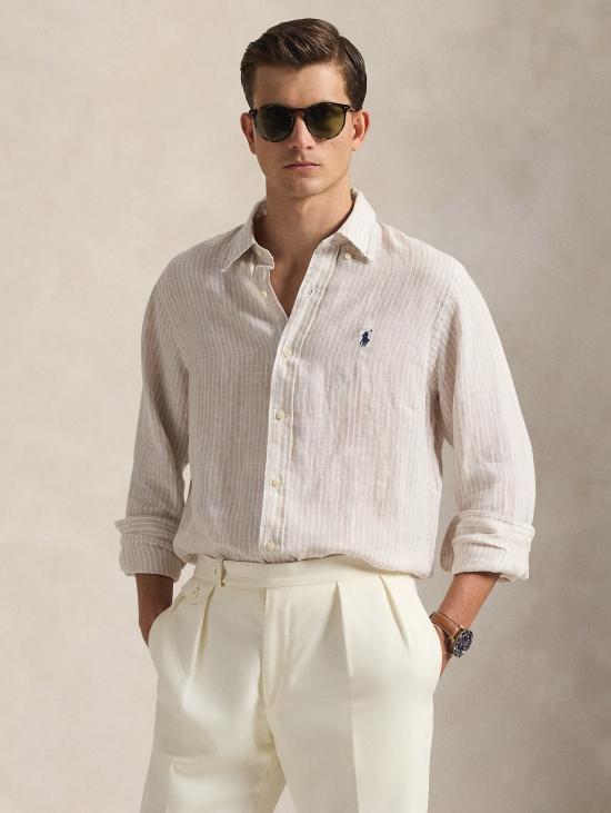 26SS 랄프 로렌 셔츠 Lino Custom Fit a Righe Beige/Bianco를 입은 Camicia