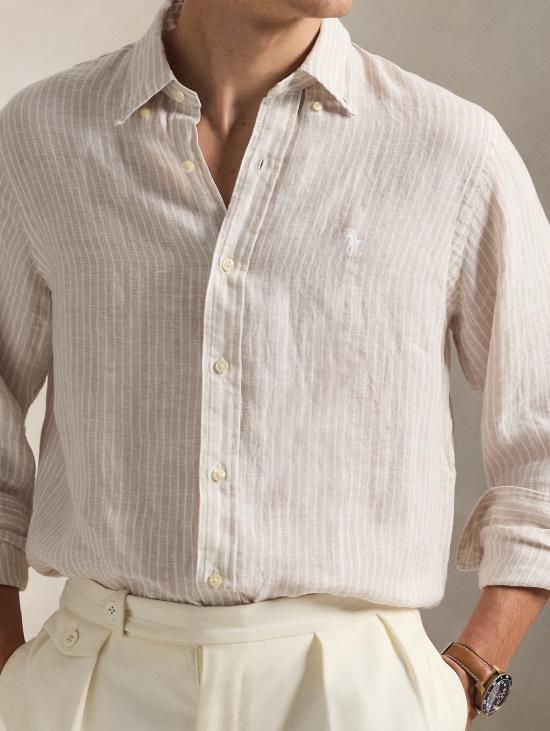 26SS 랄프 로렌 긴팔 셔츠 Lino Custom Fit a Righe Beige/Bianco를 입은 Camicia - RALPH LAUREN