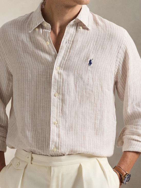 26SS 랄프 로렌 셔츠 Lino Custom Fit a Righe Beige/Bianco를 입은 Camicia - RALPH LAUREN