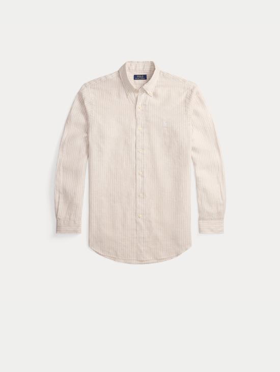 26SS 랄프 로렌 긴팔 셔츠 Lino Custom Fit a Righe Beige/Bianco를 입은 Camicia - RALPH LAUREN