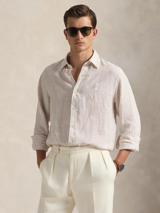 26SS 랄프 로렌 긴팔 셔츠 Lino Custom Fit a Righe Beige/Bianco를 입은 Camicia