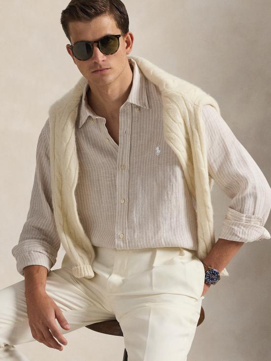 26SS 랄프 로렌 긴팔 셔츠 Lino Custom Fit a Righe Beige/Bianco를 입은 Camicia - RALPH LAUREN