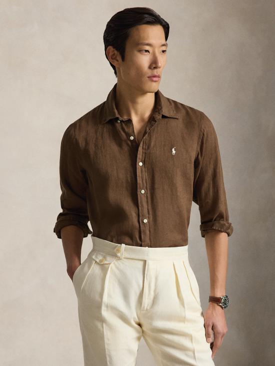 26SS 랄프 로렌 셔츠 Lino Custom Fit Marrone을 입은 Camicia