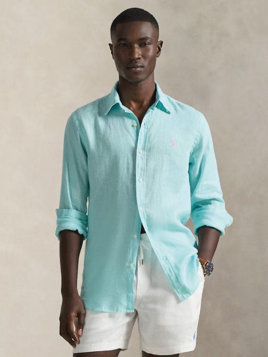 26SS 랄프 로렌 셔츠 Lino Custom Fit Verde Acqua를 입은 Camicia