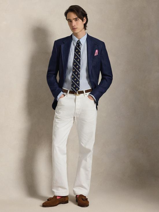 26SS 랄프 로렌 긴팔 셔츠 Lino Custom Fit a Righe Celeste/Bianco를 입은 Camicia - RALPH LAUREN