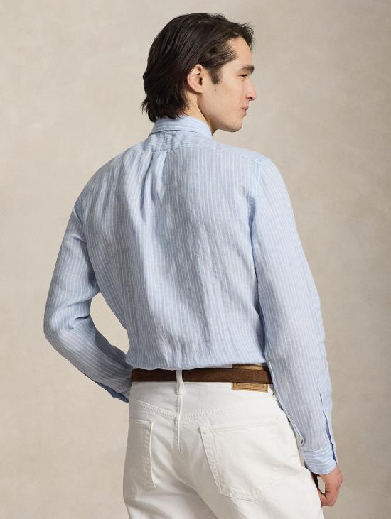 26SS 랄프 로렌 긴팔 셔츠 Lino Custom Fit a Righe Celeste/Bianco를 입은 Camicia - RALPH LAUREN