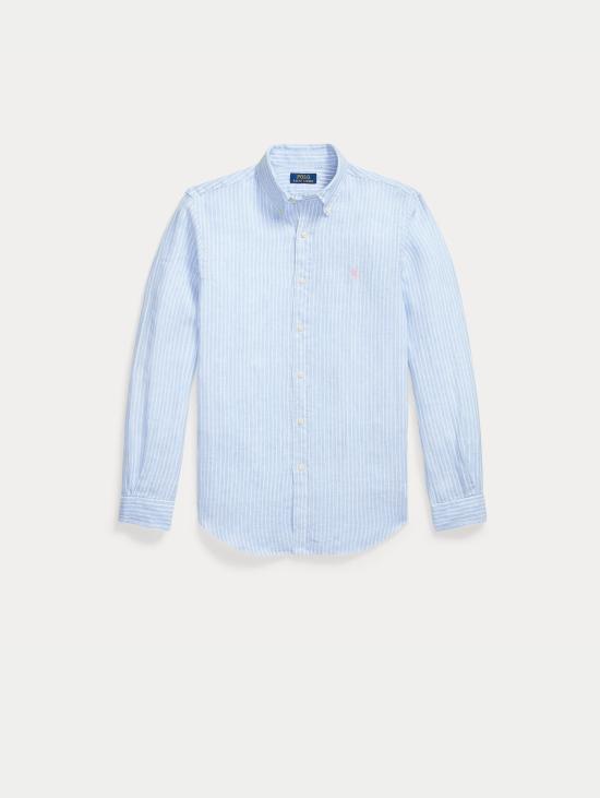 26SS 랄프 로렌 긴팔 셔츠 Lino Custom Fit a Righe Celeste/Bianco를 입은 Camicia - RALPH LAUREN