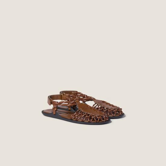 26SS 미우미우 레더 트리밍 샌들 5X615E3ZMLF0L18 F 005 Brown - MIU MIU