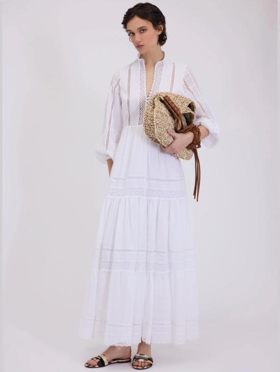 26SS 에르마노 피렌제 롱 원피스 Mussola con Pizzo Crochet Bianco 소재의 Abito Lungo Chemisier