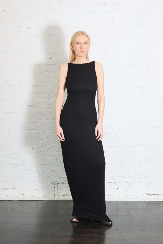  엔자 코스타 롱 원피스 실크 골지 민소매 보트넥 플루이드 맥시 드레스