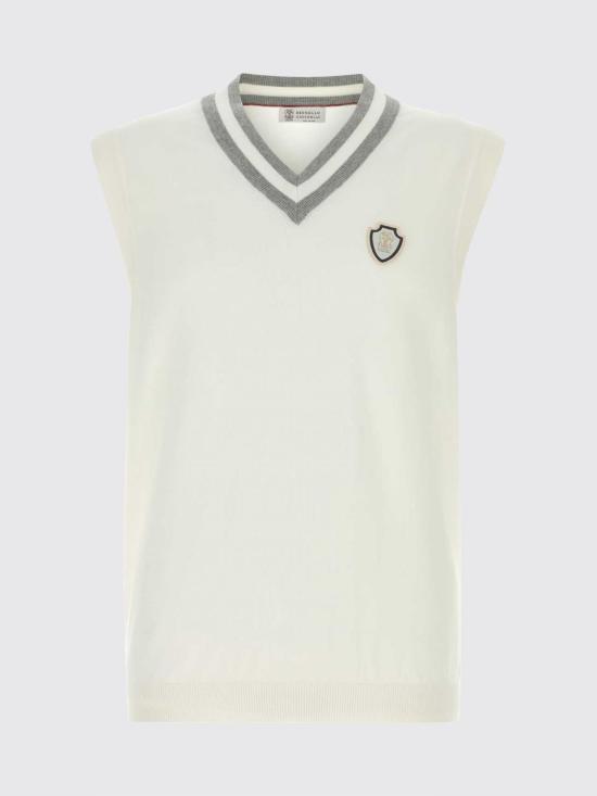 26SS 브루넬로 쿠치넬리 로고 장식 코튼 니트 베스트 M29203607F CJ068 White - BRUNELLO CUCINELLI