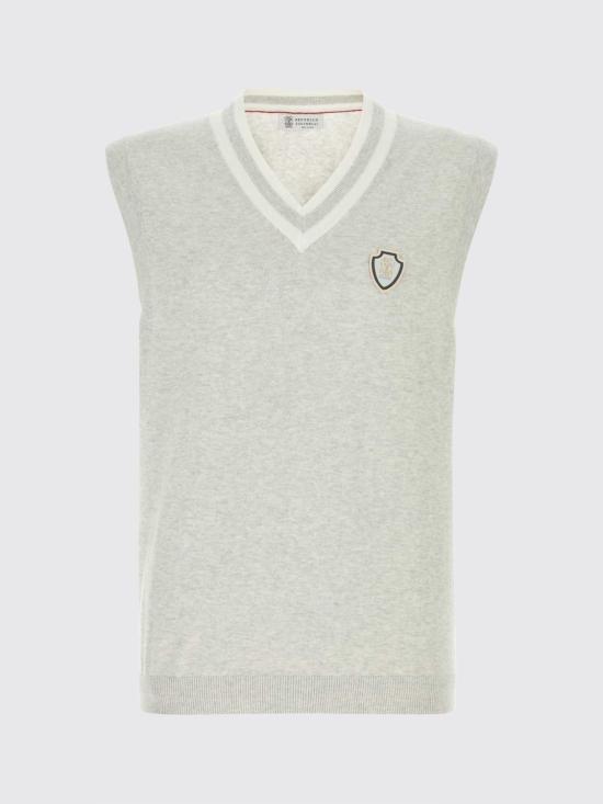26SS 브루넬로 쿠치넬리 로고 장식 코튼 니트 베스트 M29203607F CI807 Grey - BRUNELLO CUCINELLI