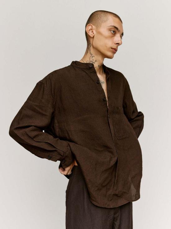  Evan Kinori 폴로 티셔츠 에반 키노리 브라운 & 블랙 로그우드 오버다이 린넨 팝오버 셔츠 - OTHER BRANDS