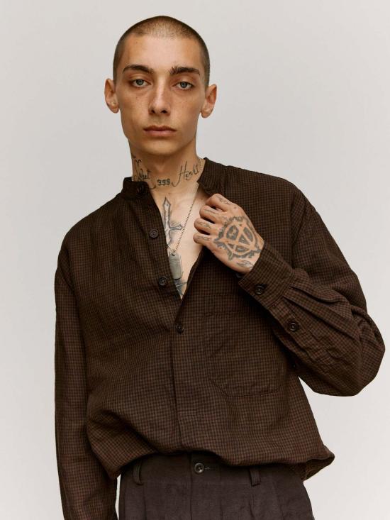  Evan Kinori 폴로 티셔츠 에반 키노리 브라운 & 블랙 로그우드 오버다이 린넨 팝오버 셔츠