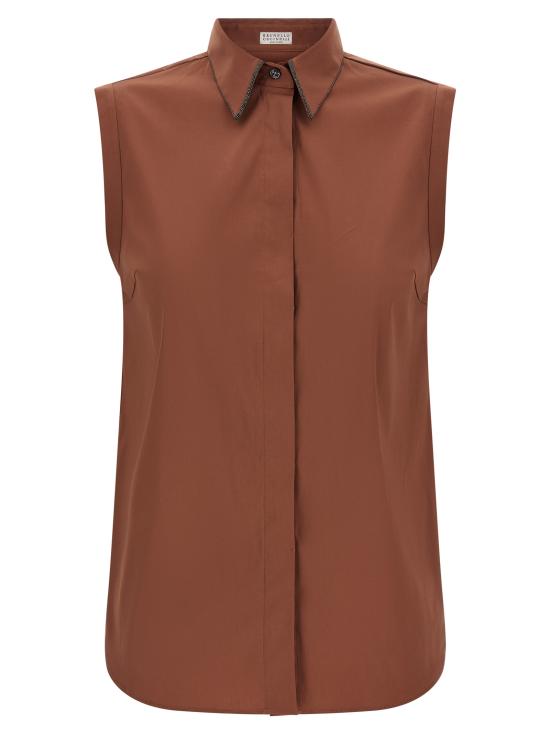 26SS 브루넬로 쿠치넬리 샤이니 트리밍 스트레치 코튼 포플린 슬리브리스 셔츠 M0091MA616C4182 Brown