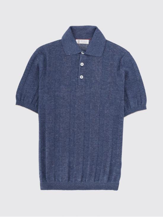 26SS 브루넬로 쿠치넬리 와이드 립 코튼 리넨니트 폴로셔츠 M2L707815 CYZ37 Blue - BRUNELLO CUCINELLI