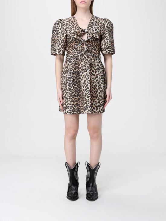 26SS 가니 레오파드 코튼 보우 밴드 미니 드레스 A1030250 943 Brown