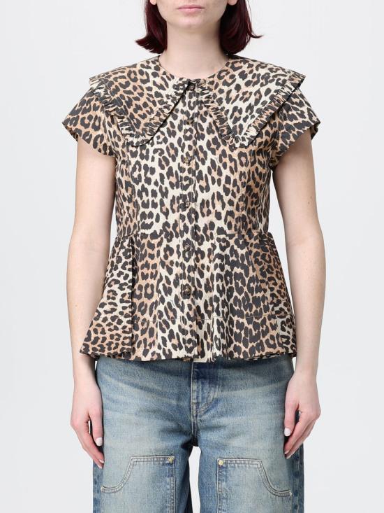 26SS 가니 레오파드 쇼트 코튼 러플 셔츠 A1040120 859 Brown