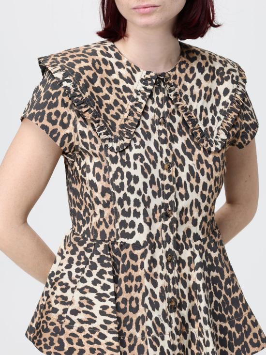 26SS 가니 레오파드 쇼트 코튼 러플 셔츠 A1040120 859 Brown - GANNI