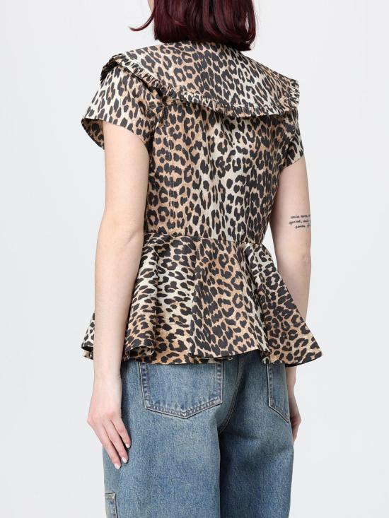 26SS 가니 레오파드 쇼트 코튼 러플 셔츠 A1040120 859 Brown - GANNI