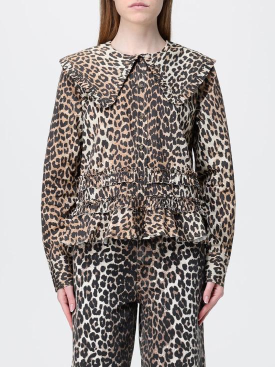 26SS 가니 레오파드 프린트 러플 셔프 A1040119 859 Brown