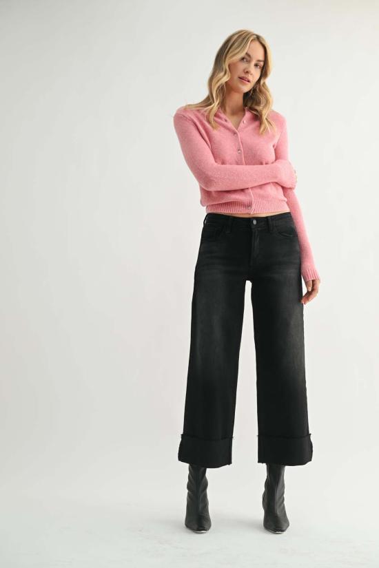  저스트 블랙 데님 데님 팬츠 시저컷 커프스 와이드 레그 진 다크 데님 - JUST BLACK DENIM