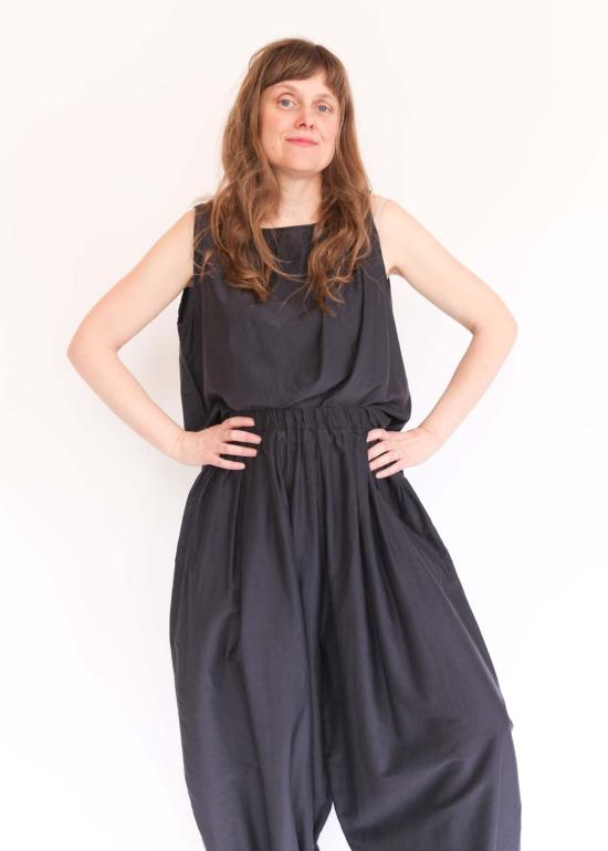  블랙 크레인 팔라초 팬츠 아카리 , 워시드 블랙 - BLACK CRANE