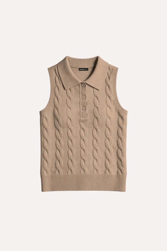  미니 로즈 민소매 티셔츠 민소매 케이블 폴로 스웨터 브라운 슈가